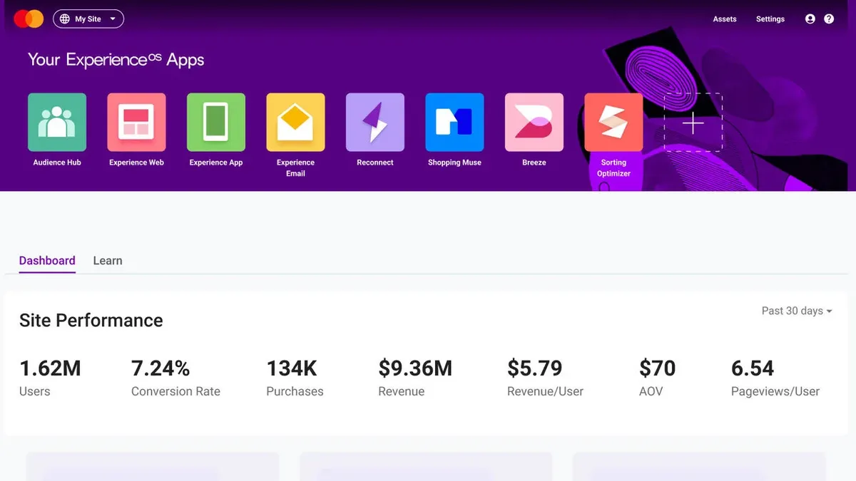 Interface Dynamic Yield : accueil Experience OS et performance du site