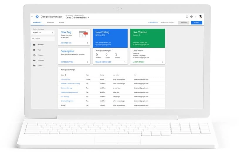 Interface Google Tag Manager : vue d'ensemble de l'espace de travail du conteneur