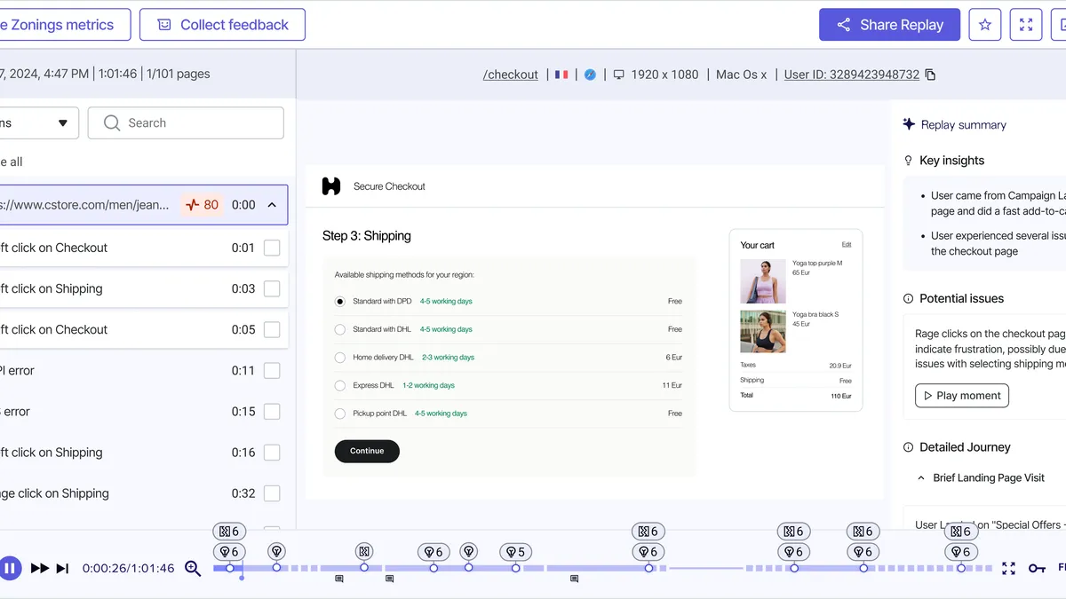Interface Hotjar : lecteur de replay de session avec liste d'actions et résumé IA