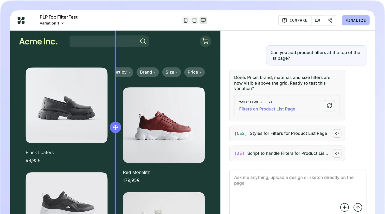 Interface Kameleoon : éditeur de test assisté par IA sur une page liste produits
