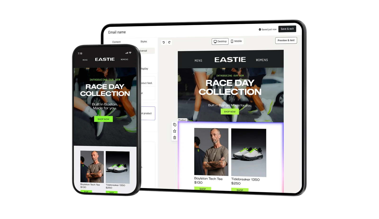 Interface Klaviyo : éditeur d'e-mail et aperçu de la campagne sur mobile