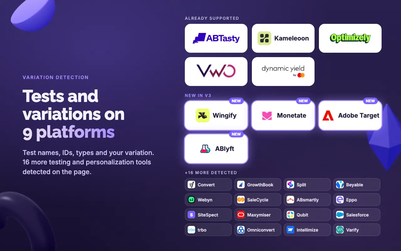Plateformes détectées par l'extension : AB Tasty, Kameleoon, Optimizely, VWO, Dynamic Yield, Wingify, Monetate, Adobe Target, ABlyft et 16 autres outils