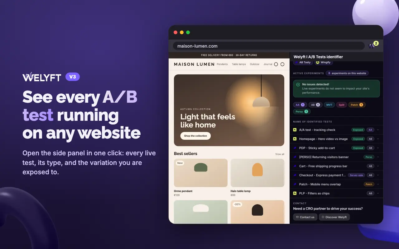 Panneau latéral de l'extension ouvert sur un site e-commerce, avec la liste des tests actifs et leur type